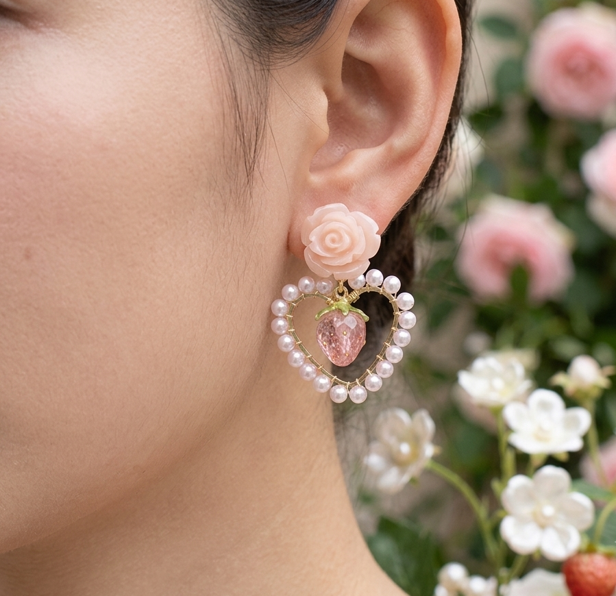 Aretes Darling de flor de resina y corazón de perla sintética